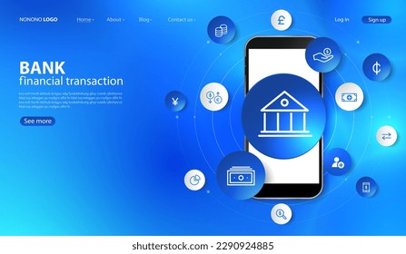 Banking and Finance by mobile phone concept. digital connect system. Financial and Banking technology with integrated circles, glowing line icons and on blue background. vector design.