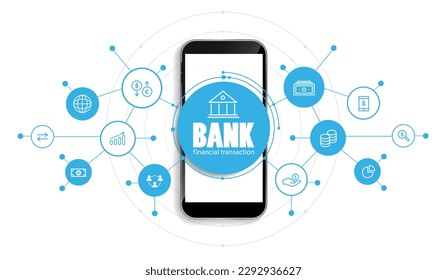 Banking and Finance by mobile phone concept. digital connect system. Financial and Banking technology with integrated circles, glowing line icons and on blue background. vector design.