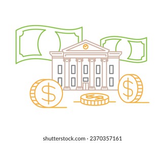 Banking and Finance concept. Coins, banknotes, bank building with column. Linear vector illustration. Modern minimalist style for poster, cover, layout. Editable thin strokes.