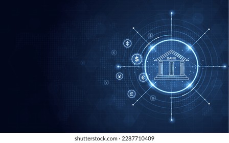 Banking and Finance concept. digital connect system. Financial and Banking technology with integrated circles, glowing line icons and on blue background. vector design.