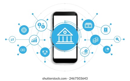 Banking and Finance concept. digital connect system. Financial and Banking technology with integrated circles, glowing line icons and on blue background. vector design.