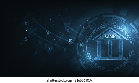 Banking And Finance Concept Illustration.Banking Technology Concept.Isometric Illustration Of Bank On Dark Blue Technology Background. Digital Connect System.Financial And Banking Technology Concept.