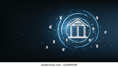 Ilustración del concepto de banca y finanzas.Concepto de tecnología bancaria.Isometric ilustración of bank on dark blue technology Background. Sistema de conexión digital. Concepto de tecnología financiera y bancaria.