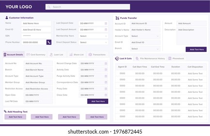 Banking, Finance, Credit Union Dashboard UI, Clean And Simple App Interface. Dashboard User Admin Panel Template For Contact Center Agents And Supervisors. Telecom Sector. Vector Template.