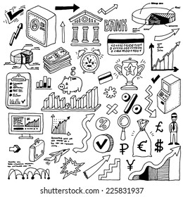 Banking and finance doodle set. Hand drawn. Vector illustration.
