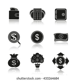 Banking and finance drop shadow black icons set. Wallet with cash, calculations, bank vault, investment search, us dollar coin and banknotes stack, money bag and tree. Isolated vector illustrations