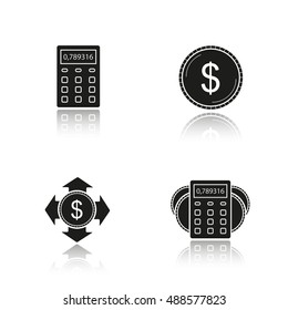 Banking and finance drop shadow black icons set. Calculator, us dollar coin, money spending, income calculations. Financial planning. Isolated vector illustrations