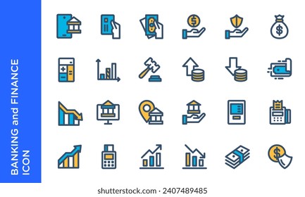 Banking and finance fill outlined icon set. Suitable for digital banking icon element.