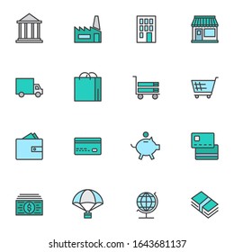 Banking and finance filled outline icons set, line vector symbol collection, linear colorful pictogram pack. Signs, logo illustration, Set includes icons as bank building, card, money bill, piggy bank