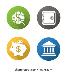Banking and finance flat design long shadow icons set. Investor search, safe deposit box, piggybank with dollar coin and bank building. Vector symbols