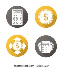 Banking and finance. Flat design long shadow icons set. Calculator, dollar coin, money spending, income calculations. Personal financial planning. Vector silhouette illustration