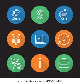 Banking and finance flat linear long shadow icons set. Great Britain pound, US dollar, euro and yen signs, growth chart, money exchange, percentage, information and briefcase. Vector line symbols