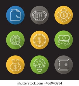 Banking and finance flat linear long shadow icons set. Purse with cash, money spending calculations, investor search, dollar coins and cash stack, bank vault, money bag and tree. Vector line symbols