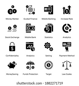 Banking and Finance Glyph Icons - Solid, Vectors