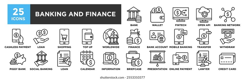 Conjunto de coleta de ícones Bancário e Financeiro. Contendo projeto Banco, Carteira, Fintech, API aberta, Rede bancária 