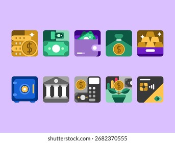 Banking and Finance Icon Set Flat Design Style. Perfect for fintech UI, apps, or websites.