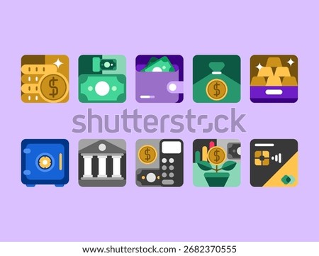 Banking and Finance Icon Set Flat Design Style. Perfect for fintech UI, apps, or websites.