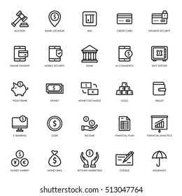 Banking and Finance icon set, linear style.