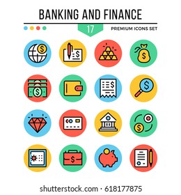 Banking and finance icons. Modern thin line icons set. Premium quality. Outline symbols, graphic elements, concepts, flat line icons for web design, mobile apps, ui, infographics. Vector illustration