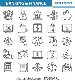 Banking & Finance Icons. Professional, pixel perfect icons optimized for both large and small resolutions. EPS 8 format. 2x size for preview.