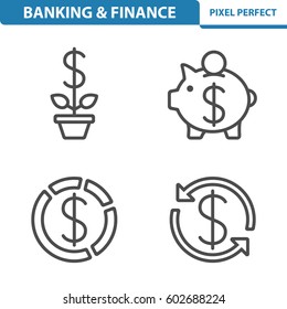 Ícones bancários e financeiros. Ícones perfeitos de pixel profissionais otimizados para resoluções grandes e pequenas. Formato EPS 8. Tamanho 5x para visualização.