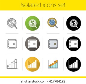 Banking and finance icons set. Flat design, linear, black and color styles. Investments search, safe deposit box, income growth chart. Isolated vector illustrations