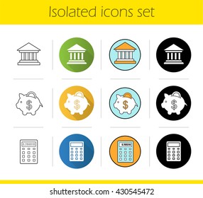 Banking and finance icons set. Flat design, linear, black and color styles. Bank building, courthouse, piggy bank with dollar coin, calculator. Isolated vector illustrations