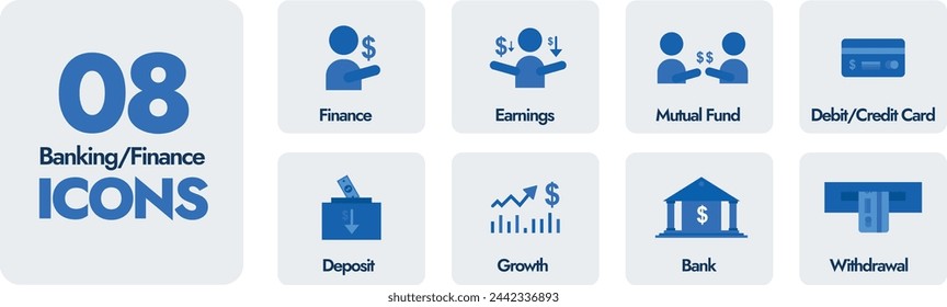 Banking and Finance Icons set. Finance, Growth, Debit or Credit Card, Bank, Earnings, Profit, Deposit and Withdrawal icons. Solid icons collection. 8 Financial Icons set in vector