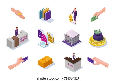Banking and finance icons set with isometric people, office reception desk, cash money, coins, banknotes, bank building, 3d vector illustration