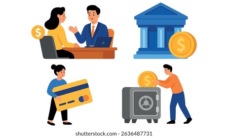 Banking and Finance Illustration Modern Bank Building, Financial Services Debit Card Credit Card, Money Management, and Digital Transactions for Business and Economy Concepts