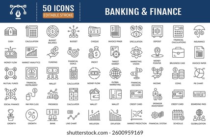 Banking and finance line editable icon set. Containing as finance, business, money, management, accounting, marketing, and more. Vector Illustration