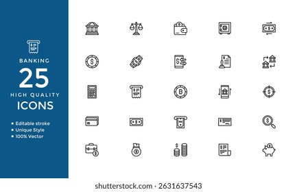 Banking and Finance Line Icons – Editable Stroke Vector Symbols Including Wallet, Safe, ATM, Mobile Banking, Money Transfer, Dollar, Cryptocurrency, Loan, Bill, and Payment Icons Set