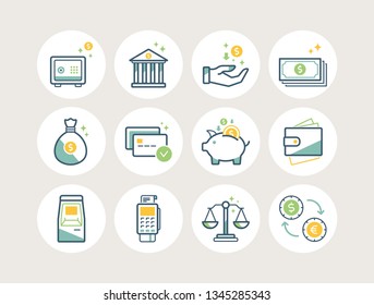 Banking and finance line icons set with safe, bank, income, cash, bag, payment, piggy bank, wallet, cash machine, pos terminal, money exchange.