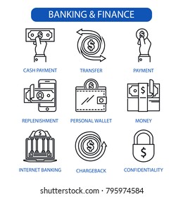 Banking and Finance line icons set, cash payment, transfer, payment, perlenishement, personal wallet, money, internet banking, chargeback, confidentiality icons set