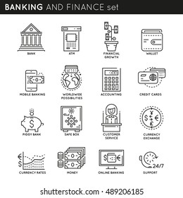 Banking and finance linear icons set with customer service and support credit cards accounting isolated vector illustration