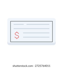 Banca, finanzas y transacciones monetarias, icono de estilo plano de cheque bancario