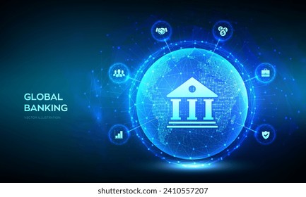 Banking. Finance and banking networking. Business global internet connection. Financial technology. Digital marketing. World map point line composition. Earth planet globe. Vector illustration.