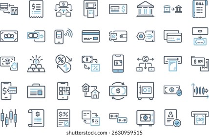 Banking and finance outline icon set for digital and mobile payments solutions