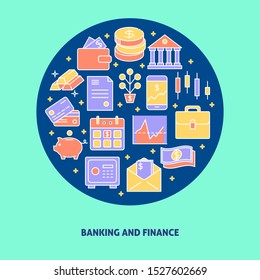 Banking and finance round concept in colored line style with place for text. Money and investment activities symbols. Financial poster template. Vector illustration.