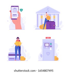 Banking and finance UI illustrations in flat design. Concepts of mobile banking, atm machine, piggy bank, wallet. People saving money with banking service. Set of banking vector illustrations