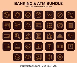 Conjunto de Ícones Vetor Bancário e Financeiro que Representa Transações Econômicas e Ferramentas Monetárias em um Estilo de Design Plano para IU
