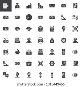 Banking and finance vector icons set, modern solid symbol collection, filled style pictogram pack. Signs logo illustration. Set includes icons as Exchange dollar Bank, Bitcoin cryptocurrency Money bag