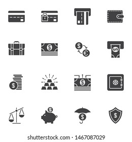 Banking and finance vector icons set, modern solid symbol collection, filled style pictogram pack. Signs, logo illustration. Set includes icons as credit card, atm, safe, dollar and euro exchange