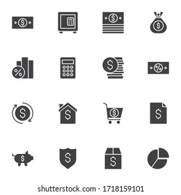 Banking and finance vector icons set, modern solid symbol collection, filled style pictogram pack. Signs, logo illustration. Set includes icons as money bill, deposit box, dollar coin, piggy bank