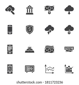Banking, finance vector icons set, modern solid symbol collection, filled style pictogram pack. Signs, logo illustration. Set includes icons as dollar money bill, mobile bank, gold bars, deposit box