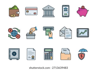 Conjunto de ícones do vetor bancário e financeiro. Carteira de crédito banco banco móvel banco piggy bank. Moeda doações envelope de dinheiro ATM documento pago calculadora de certificado seguro elemento escudo de pasta de impostos.