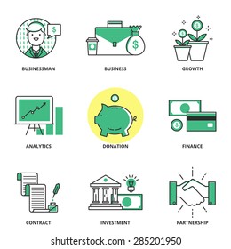 Iconos de vectores bancarios y financieros: hombre de negocios, negocios, crecimiento, análisis, donación, finanzas, contrato, inversión, asociación. Estilo de línea moderno