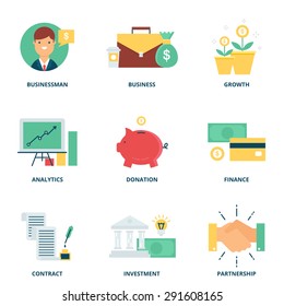 Banking and finance vector icons set modern flat style