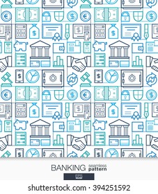 Banking and finance wallpaper. Bank seamless pattern. Tiling textures with integrated thin line web icons set. Vector network illustration. Abstract background for mobile app, website, presentation.