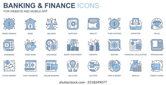 Ícones da Web de bancos e finanças definidos no design de linha duotônica. Pacote de dinheiro, banco, equilíbrio, cofre, carteira, caça ao fundo, doação, valor, outros pictogramas de traço esboço. Ilustração vetorial